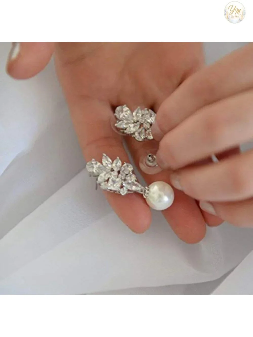 Pearl Drop & Dangle Bridal Earrings with CZ Crystal Cluster, Statement Jewelry